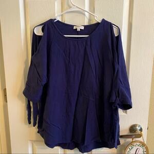 Umgee Linen Blend Navy Blue Cold Shoulder Top Size Medium